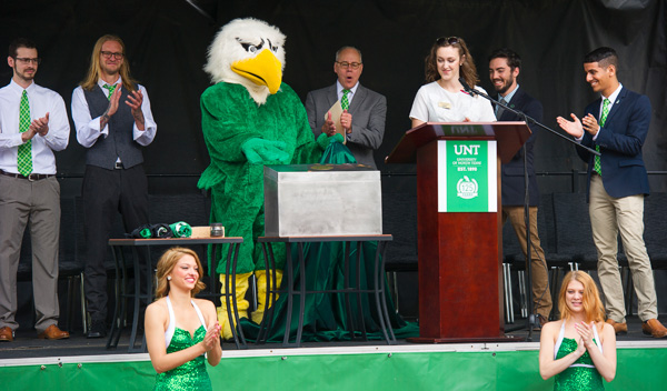 President Smatresk and UNT mascot Scrappy presenting at the 2016 University Day.