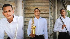 Photos of Brendon Wilkins with flute, saxophone and clarinet
