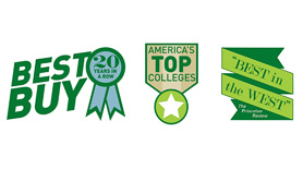Logos for Best Buys 20 years in a row, America's Top Colleges, Best in the West The Princeton Review