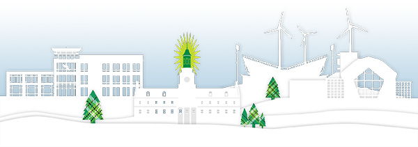 UNT landmarks depicted as paper cutouts in a winter holiday theme.