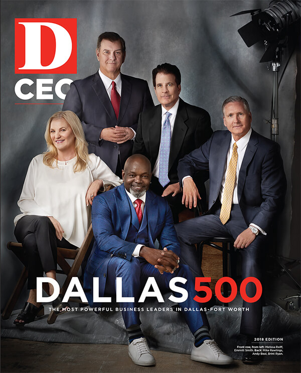 D CEO cover, Dallas 500, the most powerful business leaders in Dallas-Fort Worth. Front row from left: Melissa Reiff, Emmitt Smith Back: Mike Rawlings, Andrew Beal, G. Brint Ryan. Portrait by Elizabeth Lavin