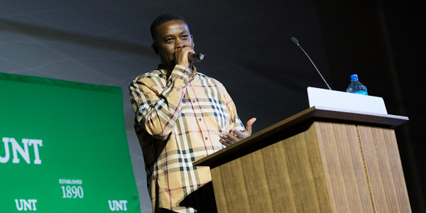 GZA speaks at the UNT Distinguished Lecture Series.