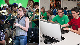 Two images, a UNT student playing a saxophone and students at working at a computer