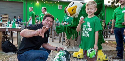 Coaches Caravan event with Seth Littrel and Scrappy the UNT mascot