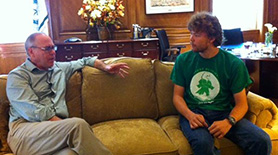 President Smatresk talking with a UNT student, Brandon Ohl