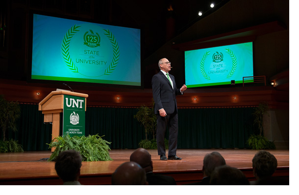 President Neal Smatresk speaking at the State of the University