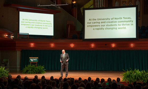 UNT President Neal Smatresk speaking at the 2019 State of the University